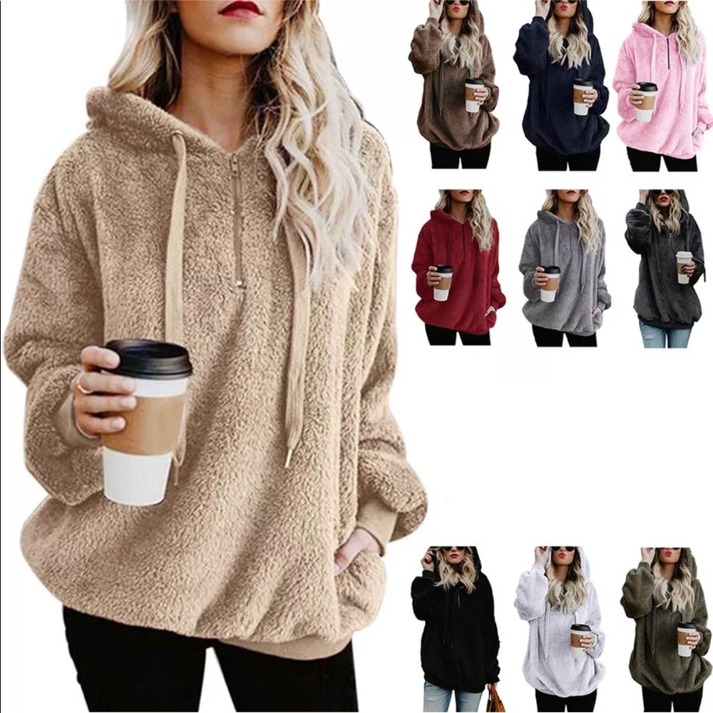 Pink Hooded Faux Fur Pullover with Pockets - Picture 2 of 2